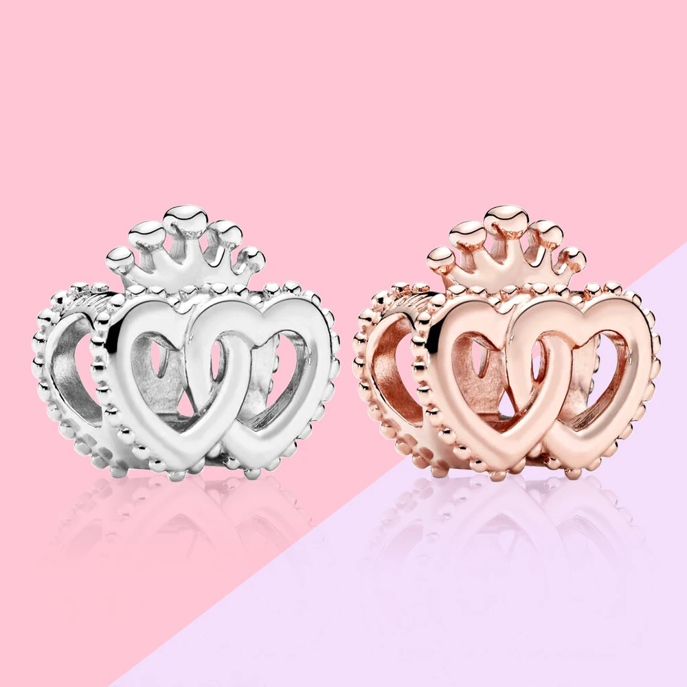

925 Silver Beaded Crown Double Heart Clasp Beads Fit For Woman Luxury Pandora Bracelet DIY Jewelry Anniversary Party Gifts