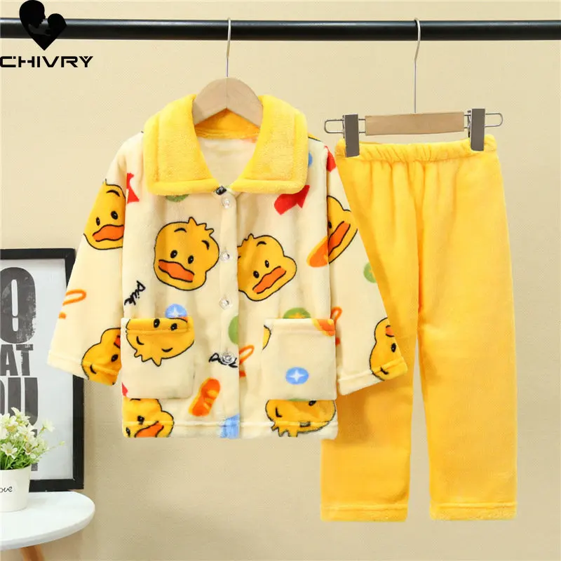New 2022 Kids Flannel Pajama Sets Autumn Winter Boys Girls Warm Cartoon Long Sleeve Lapel Tops with Pants Sleeping Clothing Set
