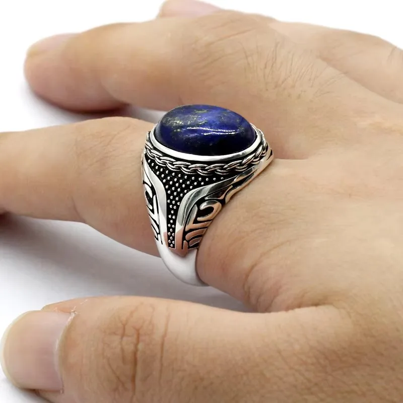 Кольцо ручной работы из стерлингового серебра S925 пробы с натуральным Лазуритом