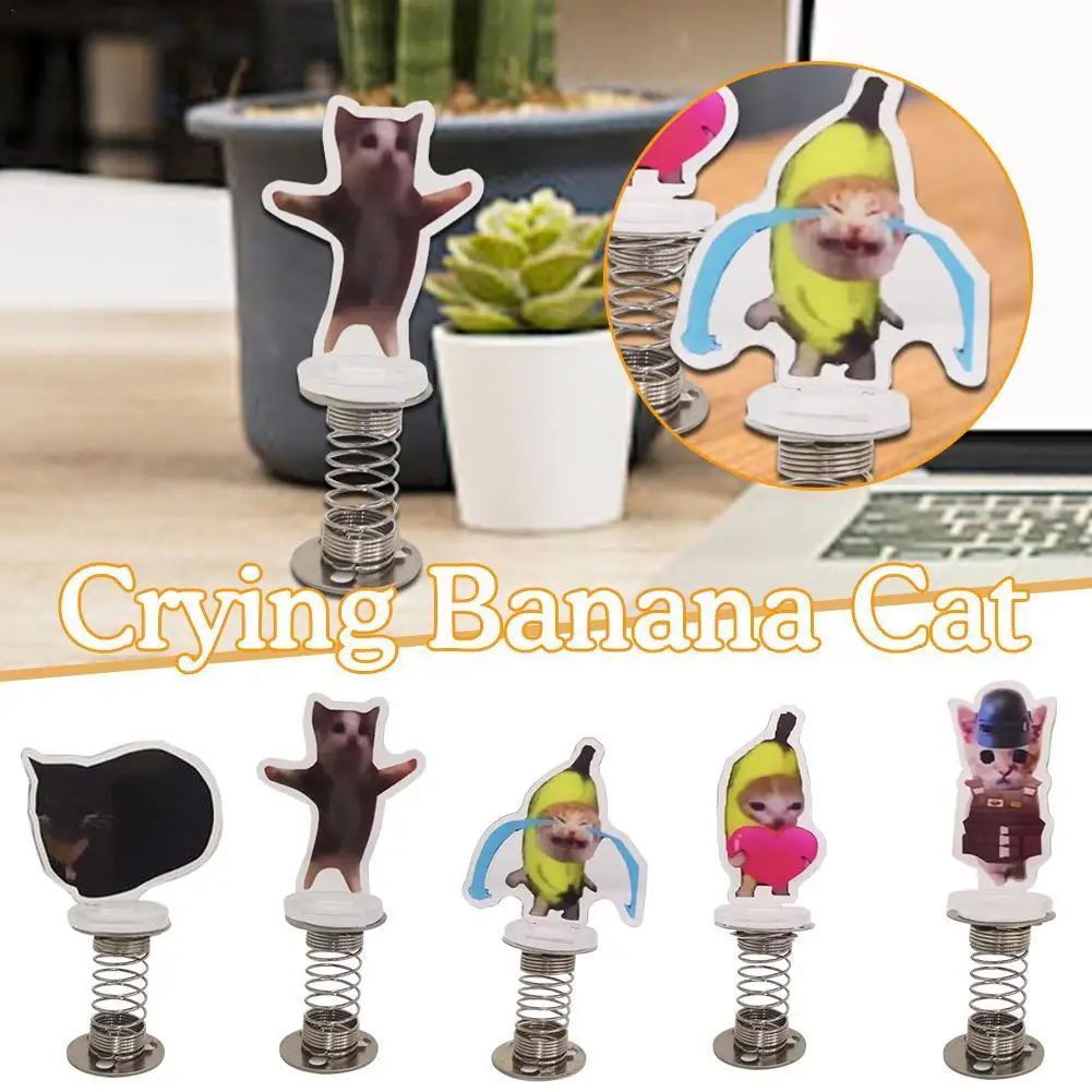 

Crying Banana Cat Spring Shaking Head Toys Office Desk Car Decoration Standing Sign Stand Gift