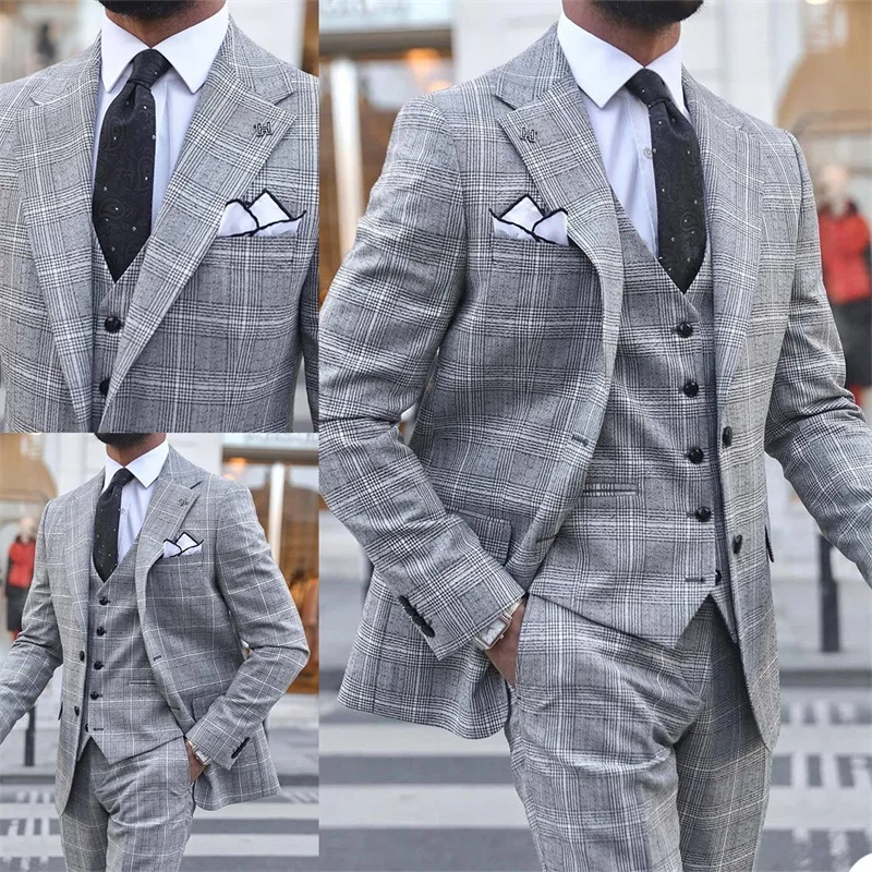 

3 Pieces Fashion Plaid Men Suits Double Breasted Jacket+Pant+Vest Custom Made Formal Casual Suits Fit Slim Party Suit