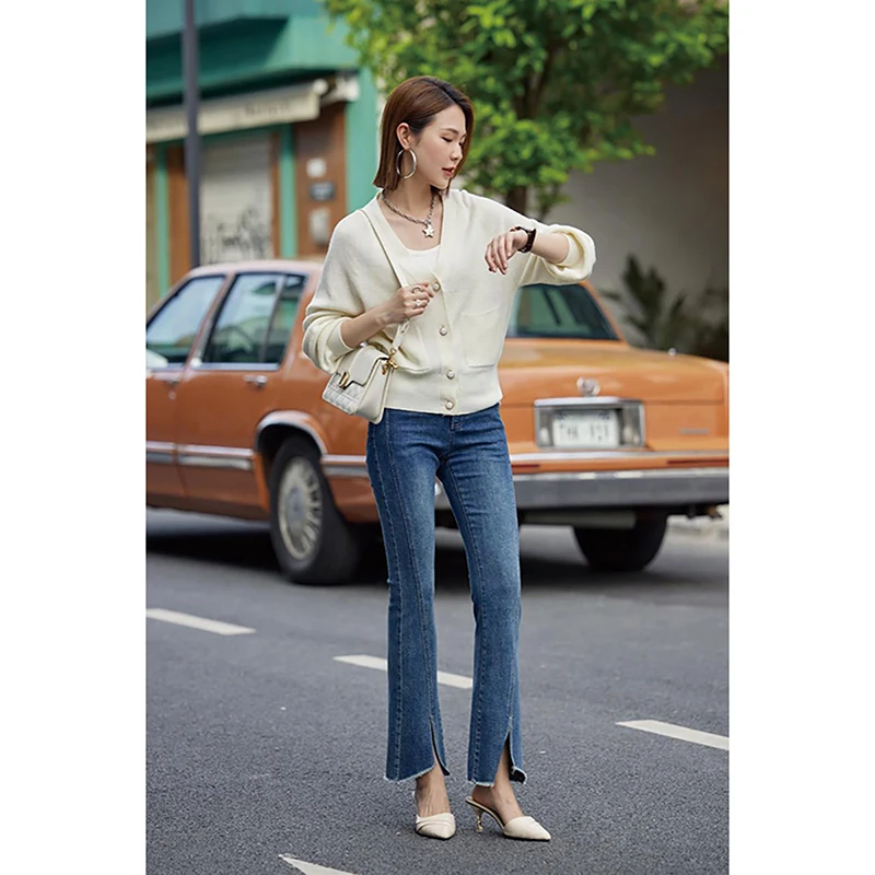 Xking [Di] Эластичный и удобный шерстяной однотонный вязаный кардиган ~ 2024 осенняя