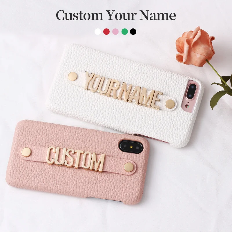 

Holding Strap Metal Personalization Your Name Pebble Grain Leather Phone Case For iPhone 11 12 13 14 Pro XS Max XR 7Plus 8Plus