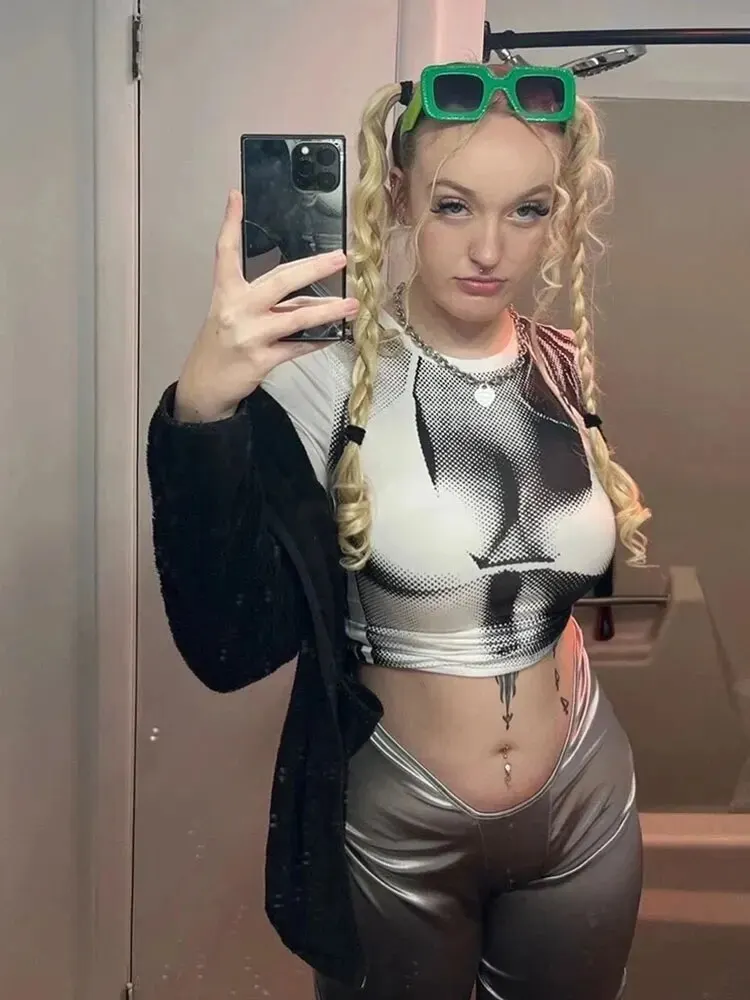 Женский кроп-Топ с длинным рукавом и 3D-принтом в стиле пэчворк