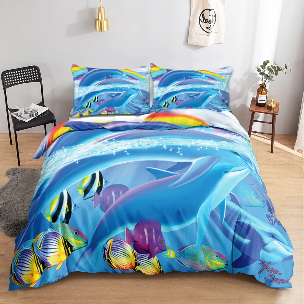

Sea world wale printed queen size bed room sheet bedding comforter set