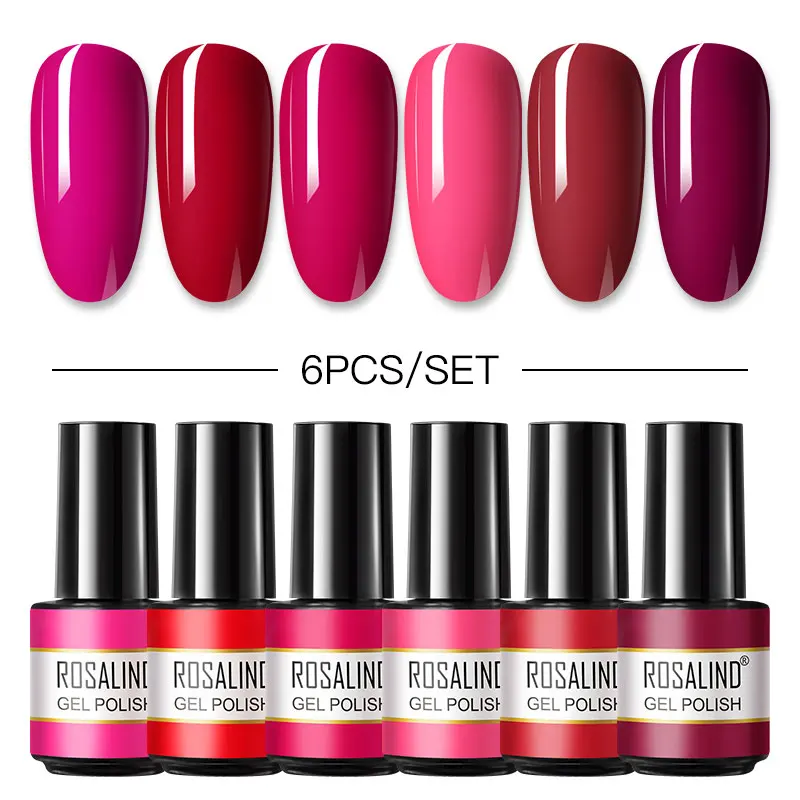 

ROSALIND 6PCS Nail Gel Polish Set 7/8ml Soak Off Vernish Semi Permanent Pure Color For Nail Art Design LED/UV Lamp Nail Gel kit
