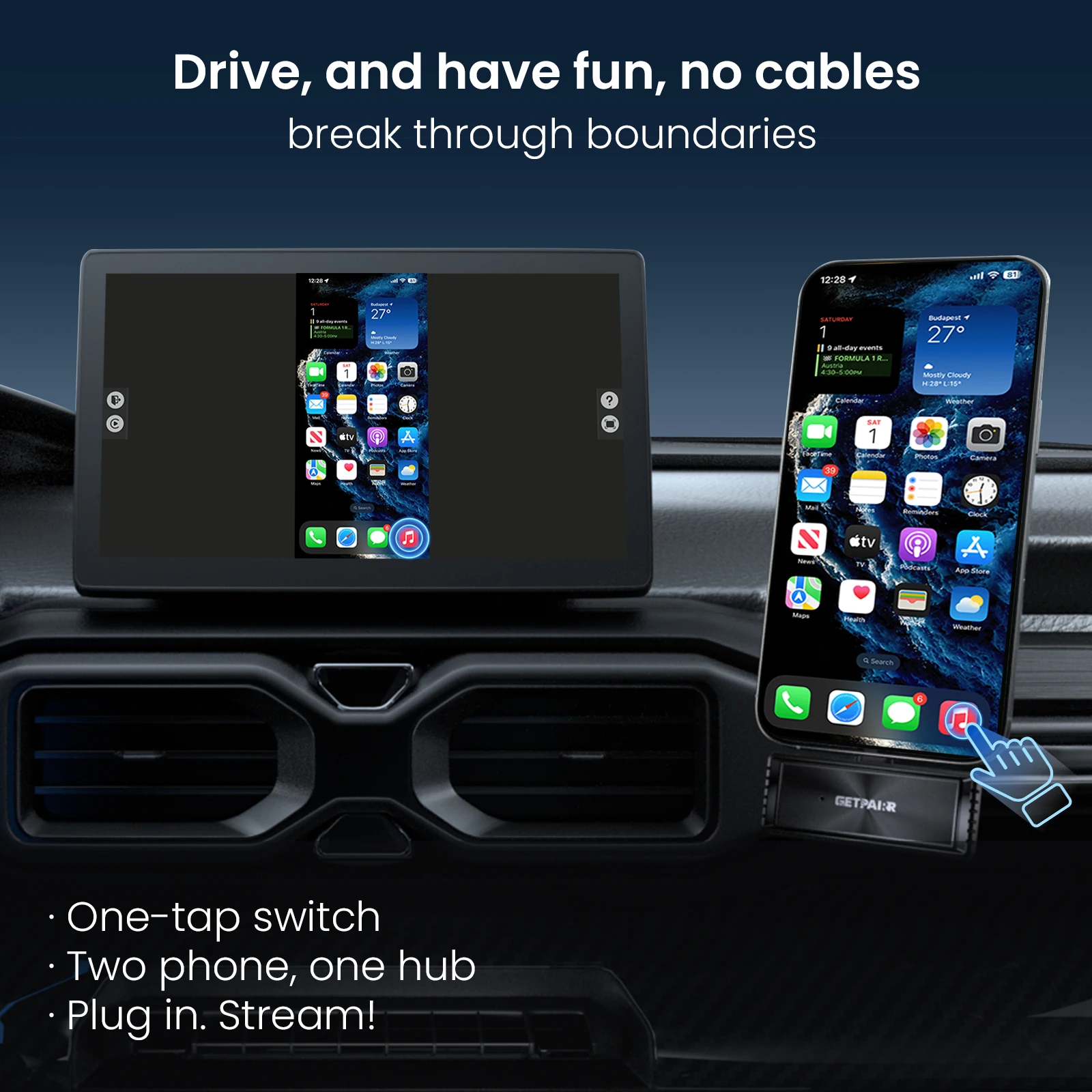 Фото GetPairr 2in1 Беспроводное зеркало для CarPlay и экрана телефона CarPlay Зеркало для телефона в автомобильный экран DP Зеркальное аудио синхронизация для VW №3