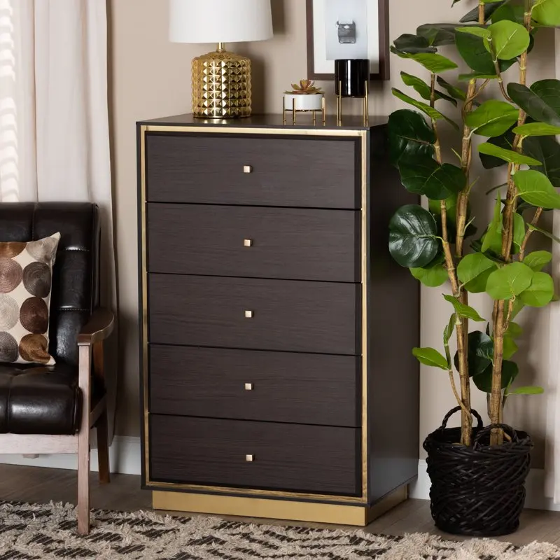 

Mid-Century Modern Transitional Dark Brown Finished Wood and Gold Metal 5-Drawer Storage Chest Organizers storage Desk organizer
