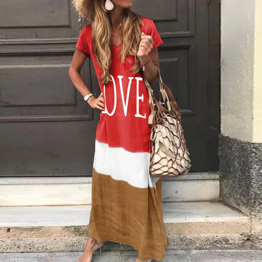 

Summer Loose Maxi Dress Women Short Sleeve Letter Splicing Casual Boho Long Dress Plus Size Streetwear Dresses Outfits