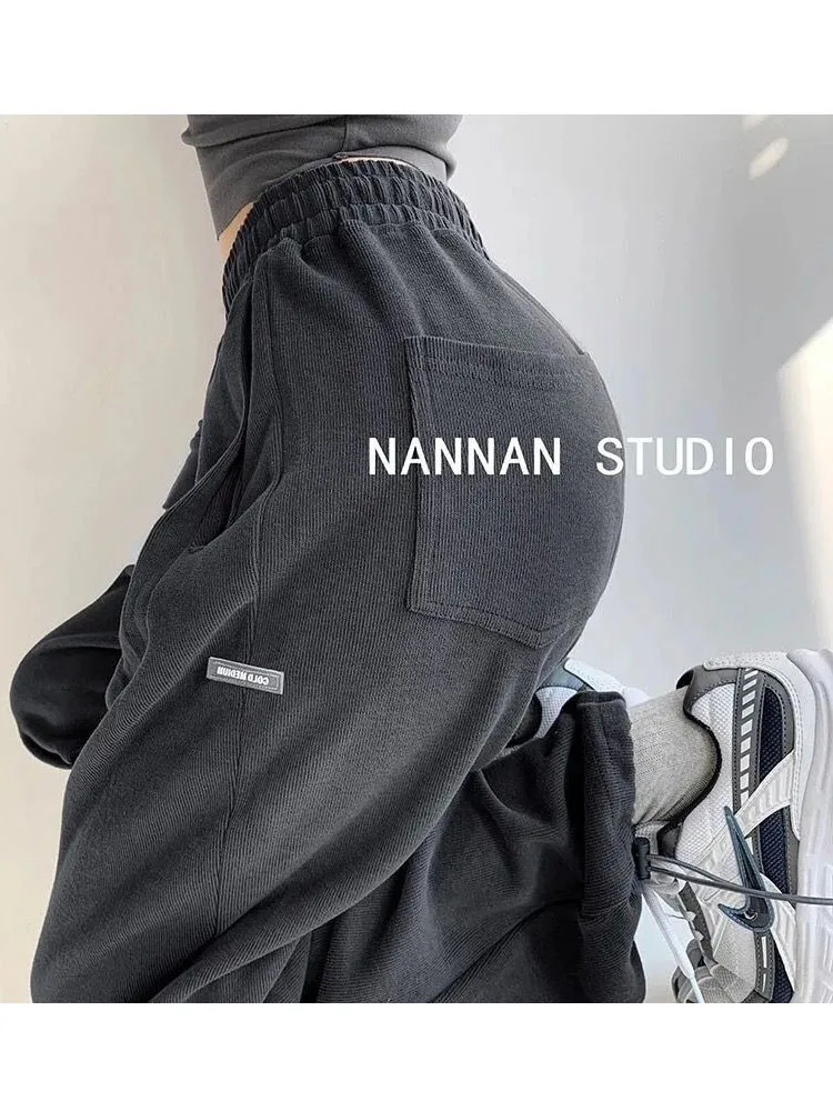 

Брюки спортивные женские, с высокой талией, серого цвета