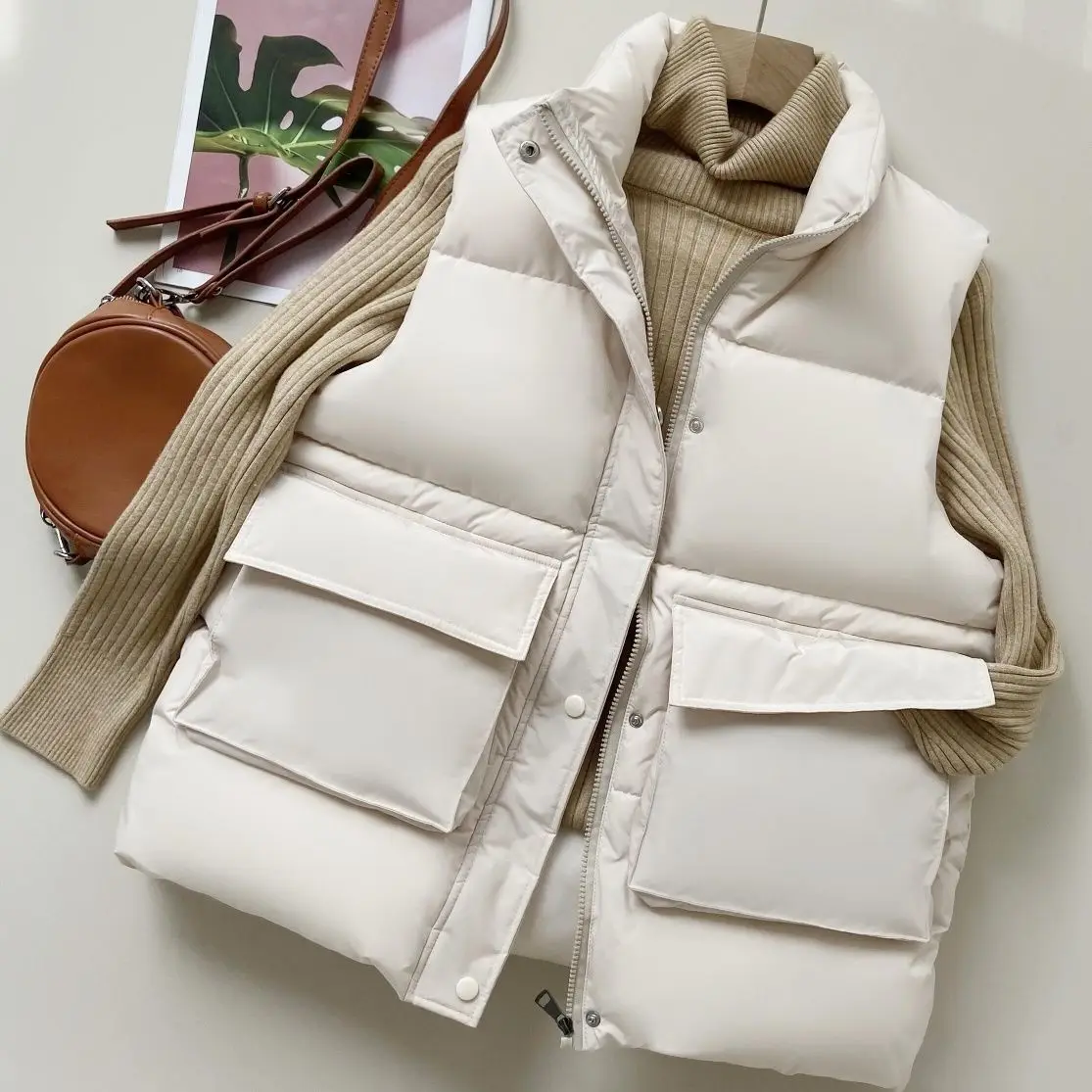 

Jacket 2023 New Cotton Padded Outerwear Vest Down Coat Sleeveless Women Elegant Jacket Winter Autumn Fashion Female H19