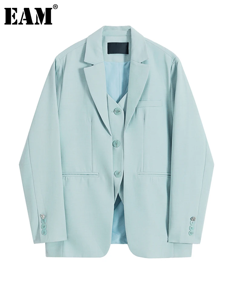 

[EAM] Women Blue Green Irregular Big Size Blazer New Lapel Long Sleeve Loose Fit Jacket Fashion Tide Spring Autumn 2022 1DF2228