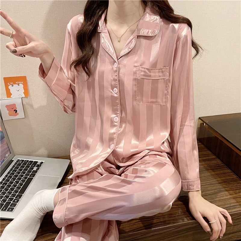 Pajamas women's spring and autumn long-sleeved jacquard vertical strips ice silk pink striped home service 2-piece suit