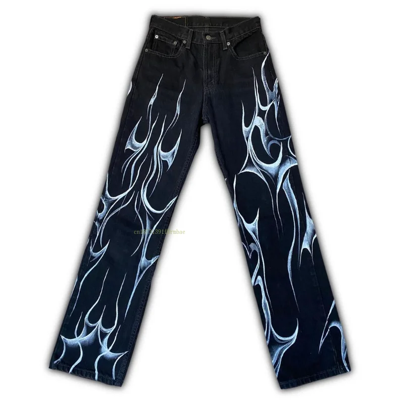 

Aurora Line Print Jeans Men Women European American Niche Design Sense High Waist Wide Leg Jeans Summer Casual Straight Pants