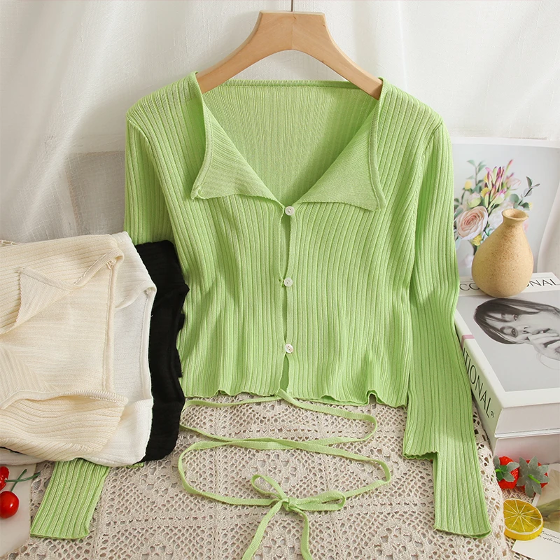 

Sweet Cute Cardigans For Women Autumn Long Sleeve Turn-down Collar Single Breasted Femme Sweaters French Style Woman Cardigan