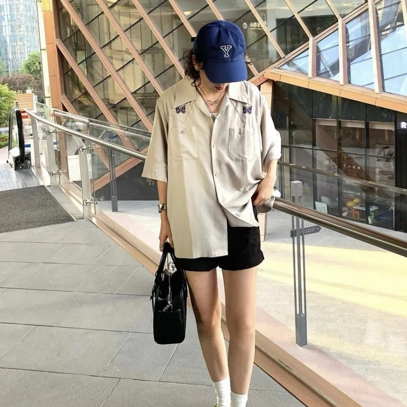 Summer Needles Embroidery Butterfly Shirts Men Women 1:1 High Quality AWGE Short Sleeve Shirt Top Single Breasted Tees