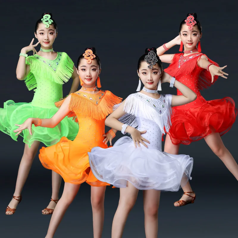 

Latin girl show tassel dance skirt competition performance clothes kids dresses for girls and children Latin dress