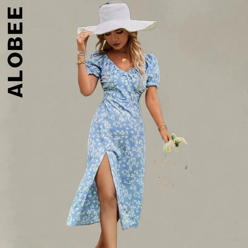 

Alobee Dress New Women V-neck puff sleeves slash neck print buttons corset floral dresses Lazy Clothing Vestidos Female