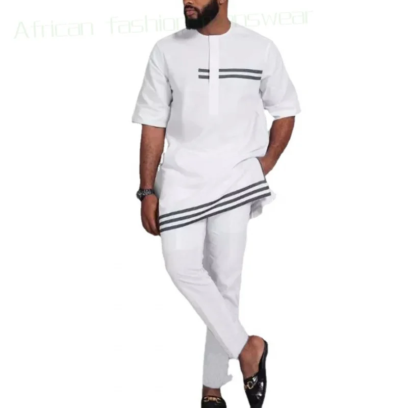 Simple Fashion Striped African Men's Clothing Solid Color Casual Men's Ethnic Style Clothes and Pants Large Size Casual Suit