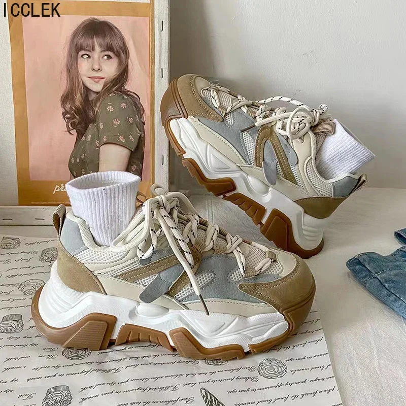 

2023 New Spring Women Casual Sneakers Woman Fashion Platform Flats Lace Up Outdoor Walking Shoes Black Zapatillas Mujer