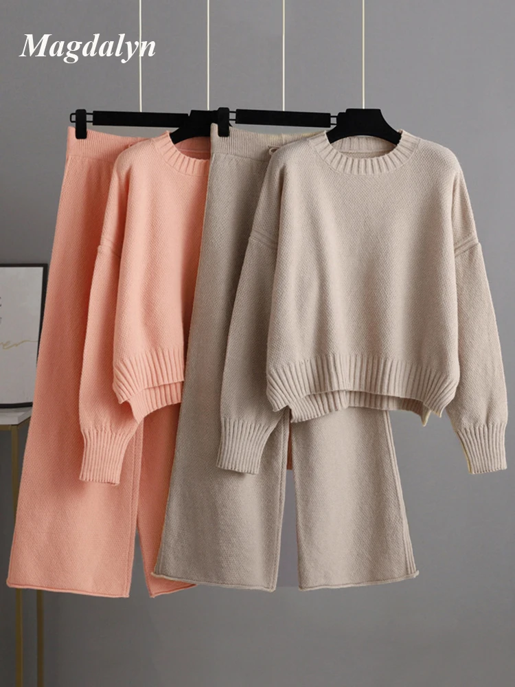 

Magdalyn Women Knitted Sweater Pant Set Thick Warm Casual O Neck Pullovers Long Wide Leg Pants Outfits Two Pieces Winter Suits