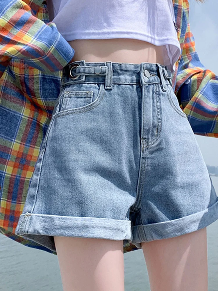 

Летние новые женские узкие короткие джинсы FTLZZ с регулируемой талией, женские уличные короткие брюки с широкими штанинами, женские шорты А-силуэта с высокой талией