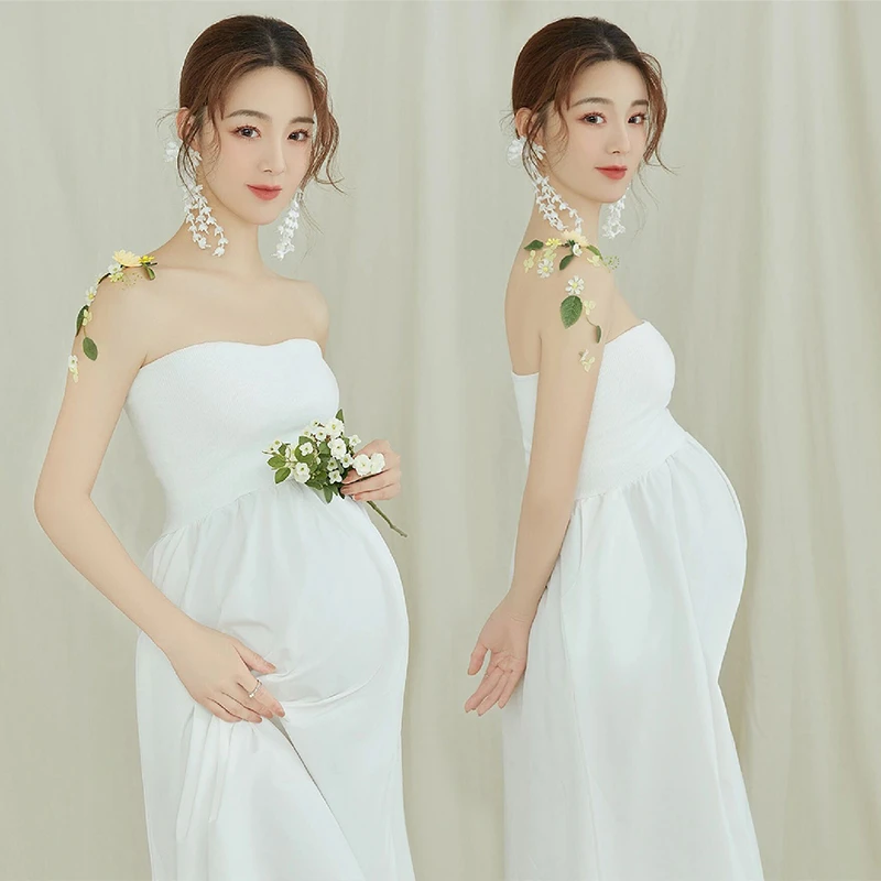 Women Photography Props Maternity White Elegant Pregant Tube Top Dress Pregnancy Dresses Studio Photoshoot Photo Clothes