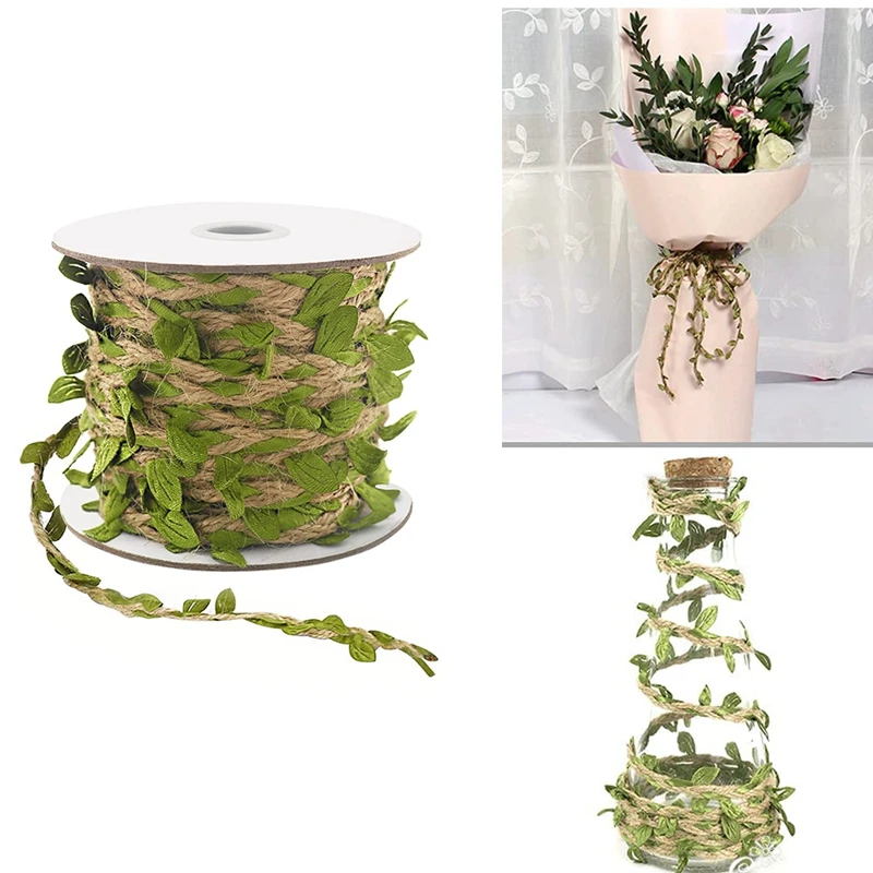 

Джутовый шнур, шнур из натурального джута 5 мм с искусственными листьями, для упаковки подарков, сада, темативечерние джунглей 20 м/66 футов