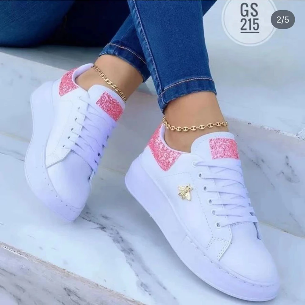 Women's Casual Shoes Fashion Butterfly Decor Round Head Sneakers Leather Lace-Up Ladies Vulcanize Shoes Platform Female Footwear