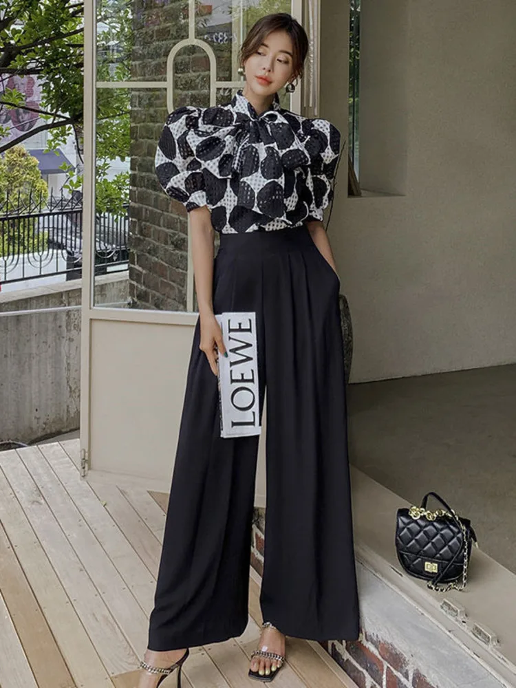 

New Occupation 2-Piece Suits Women 2022 Summer Elegant Lace-Up Dot Crop Top & Simple Wide Leg Pants Casual Professional Suit