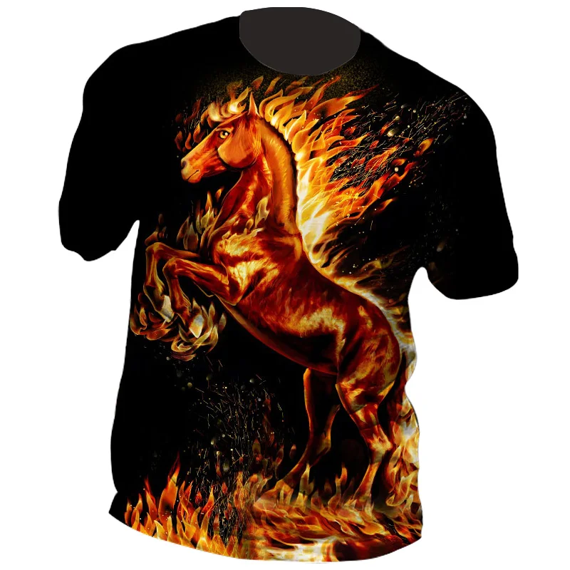 

Футболка Мужская/женская с принтом животных, модная тенниска с коротким рукавом, крутая Черная майка с принтом пламени и лошади, лето 2022
