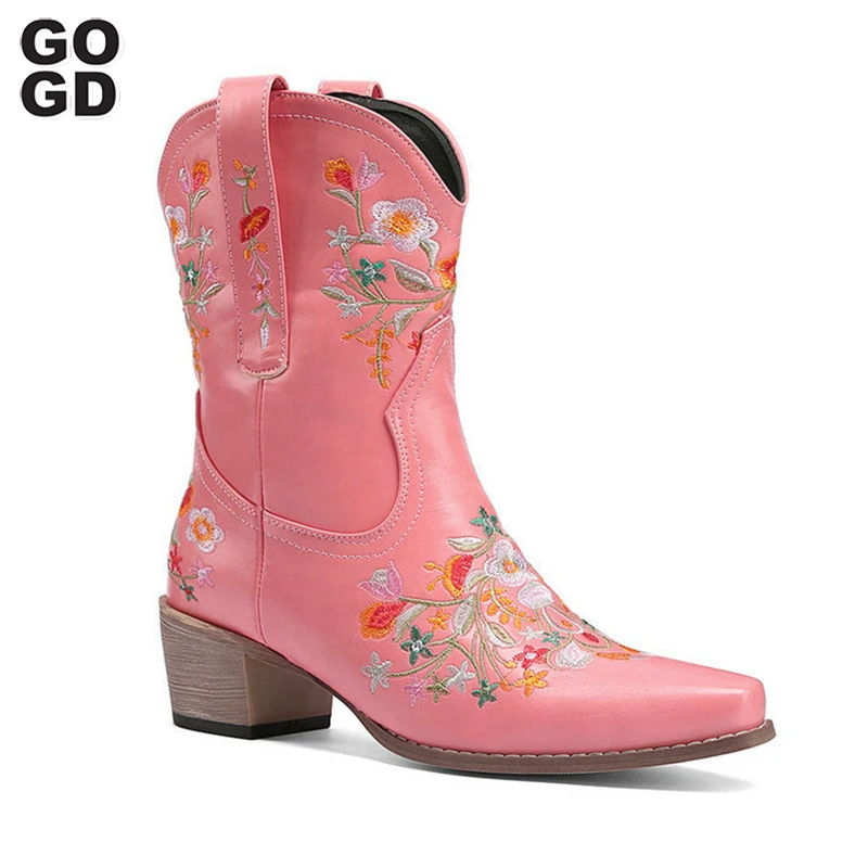 GOGD New Brand Fashion Ankle Boots Western Cowboy For Women Shoes 2023 Embroidered Sewing Floral Cowgirl Shoes Boots Pointed Toe