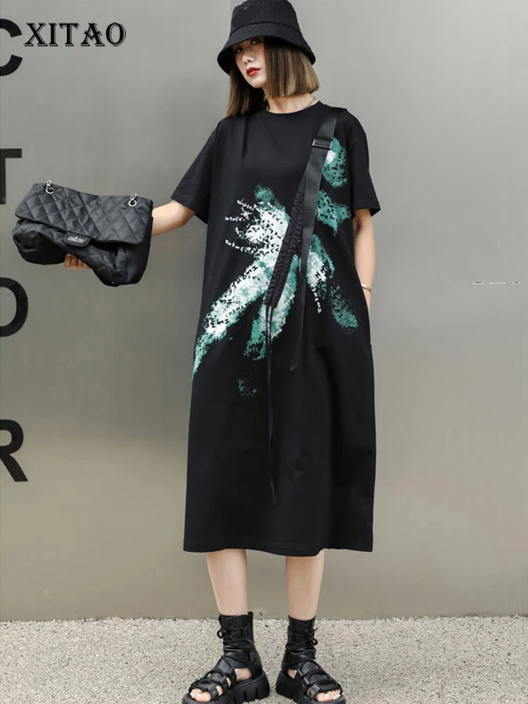 

XITAO Casual Print Dress Women Korea 2023 Summer New Arrival Personality Fashion Loose O-neck Short Sleeve Dress WLD11549