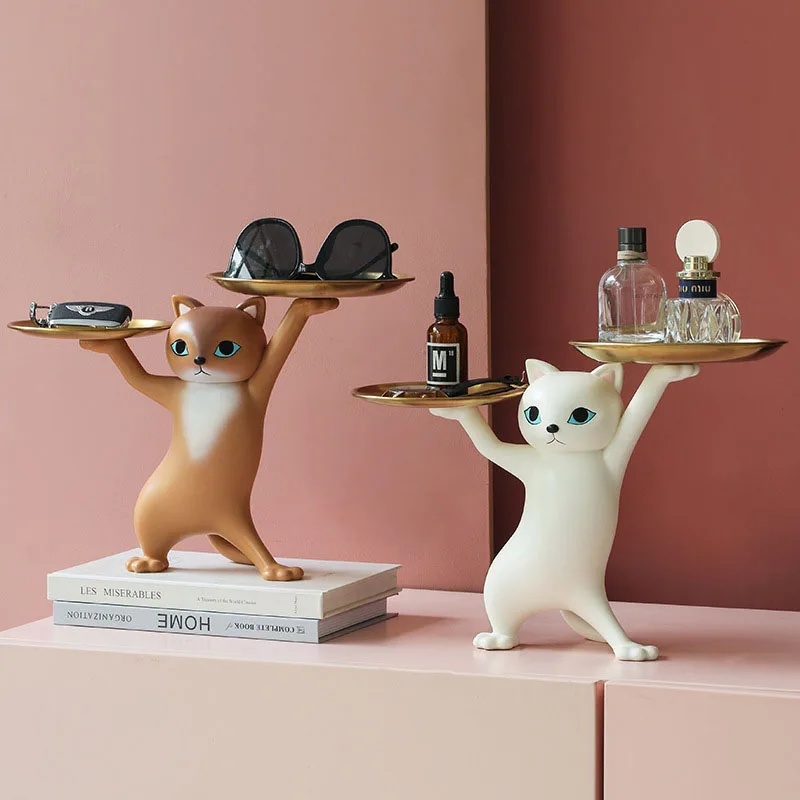 

Dancing Cat Sculpture With Tray Resin Figurines For Interior Entrance Key Desktop Candy Storage Handmade Home Decoration Gifts
