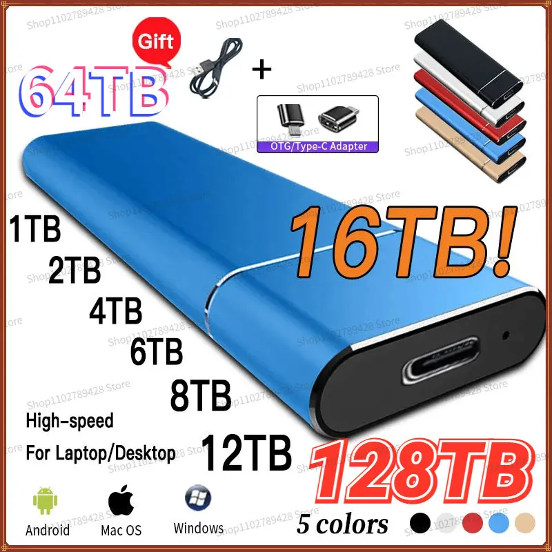 

Portable SSD 64TB External Hard Drive 4TB High-Speed Drive USB3.1/Type-c Interface Solid State Hard Disk Storage for Laptop/PC