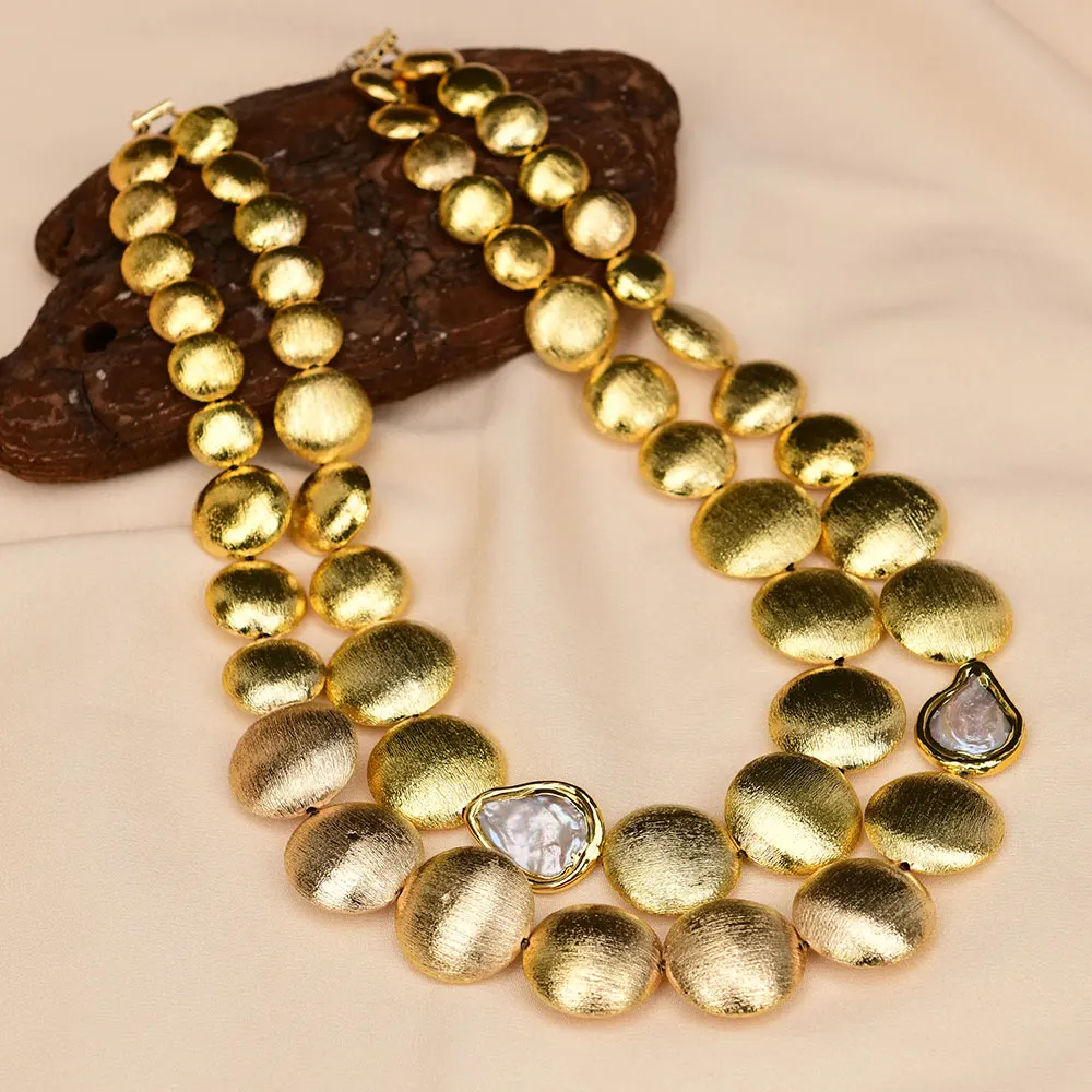 G-G 2-рядная культивированная белая монета Кеши с жемчугом позолоченная матовая