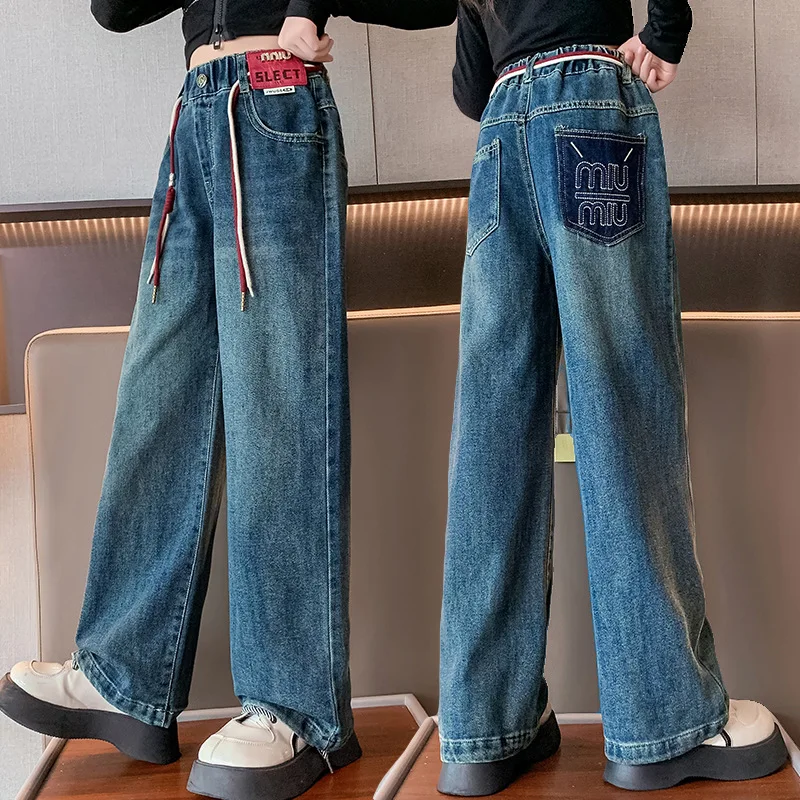

5 To 13 Years Teenage Girls Jeans Gradation Casual Wide Leg Pants Autumn Kids Clothes School Youth Children High Waist Trousers