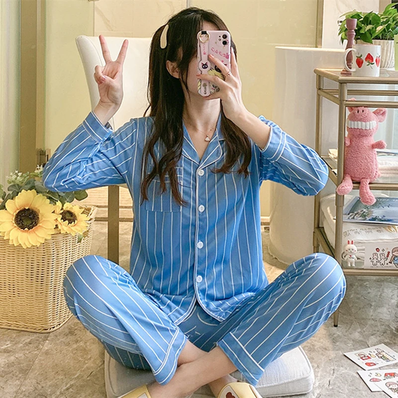 

2022 Spring Autumn Women Comfortable Cute Button Pajama Set Girl Print Pyjama Set Long Sleeve Sleepwear Women Nightshirt Sets