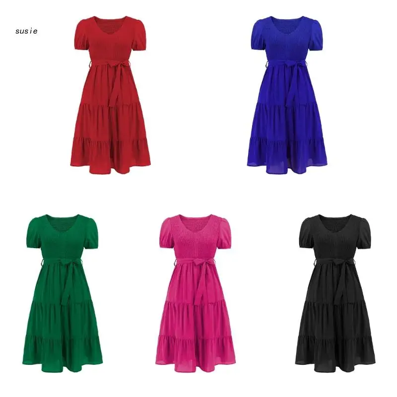 

X7YA женское летнее длинное платье миди с коротким рукавом и V-образным вырезом