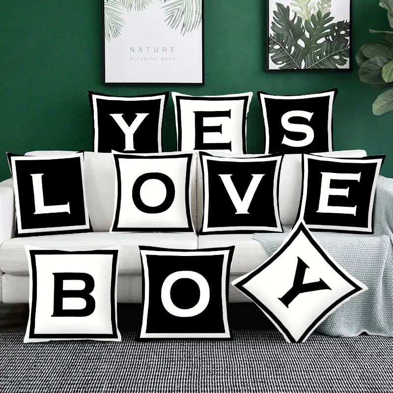 

Black and White Letter Printed Pillow Sofa Cushion Cover Decorative Polyester Pillow Case Car Office Home Decoration Modern