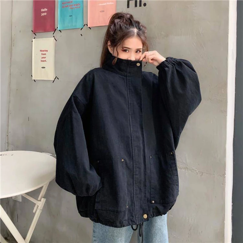 

Jackets Womens Solid Autumn Coats Couples Drawstring Hem Zipper Long Sleeve Casual Korean Style Female Outwear Teens