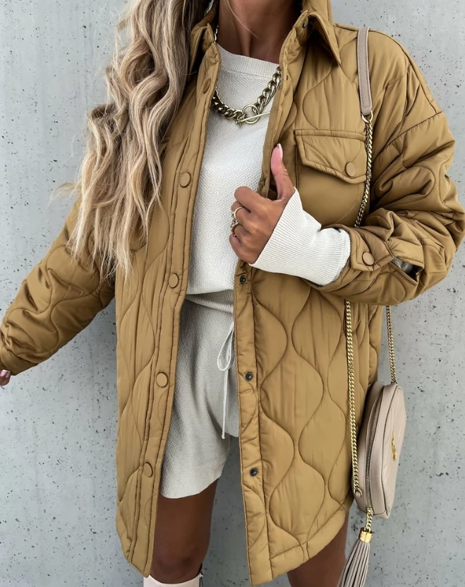 

Women's Coat 2023 Winter Warm and Thick Solid Color Long Sleeve Snap Button Flap Detail Puffer Coat Daily Casual Puffer Coat