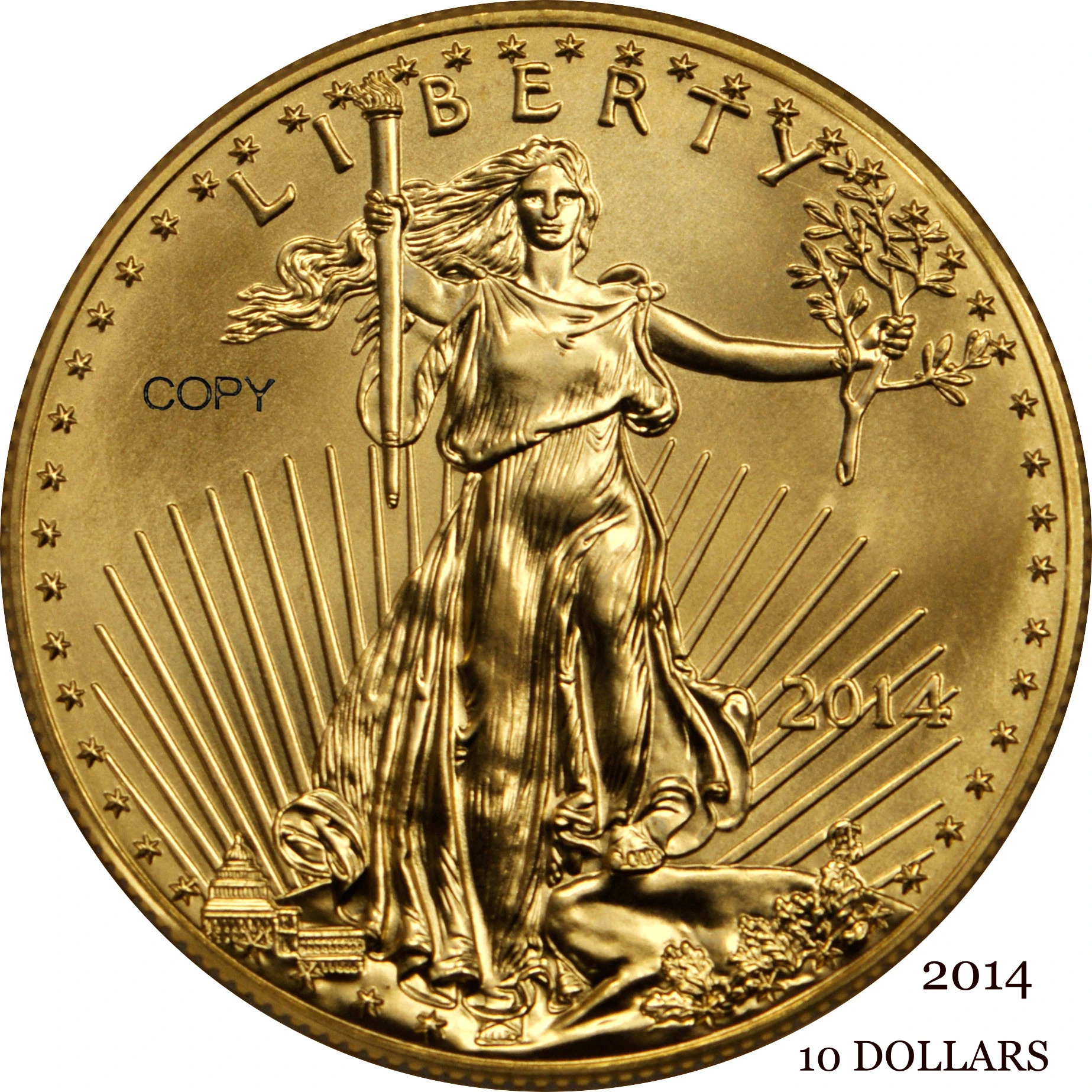 United States US 2014  10 Ten Dollars Quarter Ounce  American Gold Eagle Bullion Coinage USA Liberty Gold Brass Metal Copy Coin