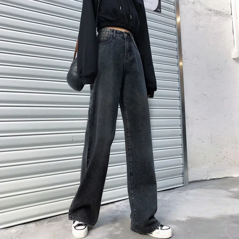 Черно-серые джинсы с завышенной талией женские осенне-зимние прямые свободные