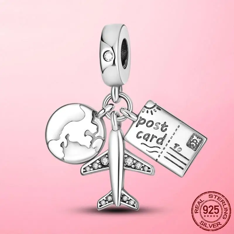 

Hot Sale Travel Dangle Charm Silver Color Plane Global Postcard Beads Pendant fit Original Pandora Bracelet Necklace Jewellery