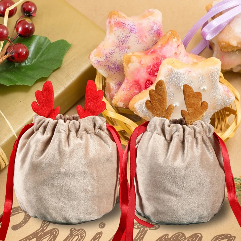 

10/20Pcs Velvet Gift Bags Candy Bag with Drawstring Antler Pouches Halloween Trick or Treat Christmas Party Decor