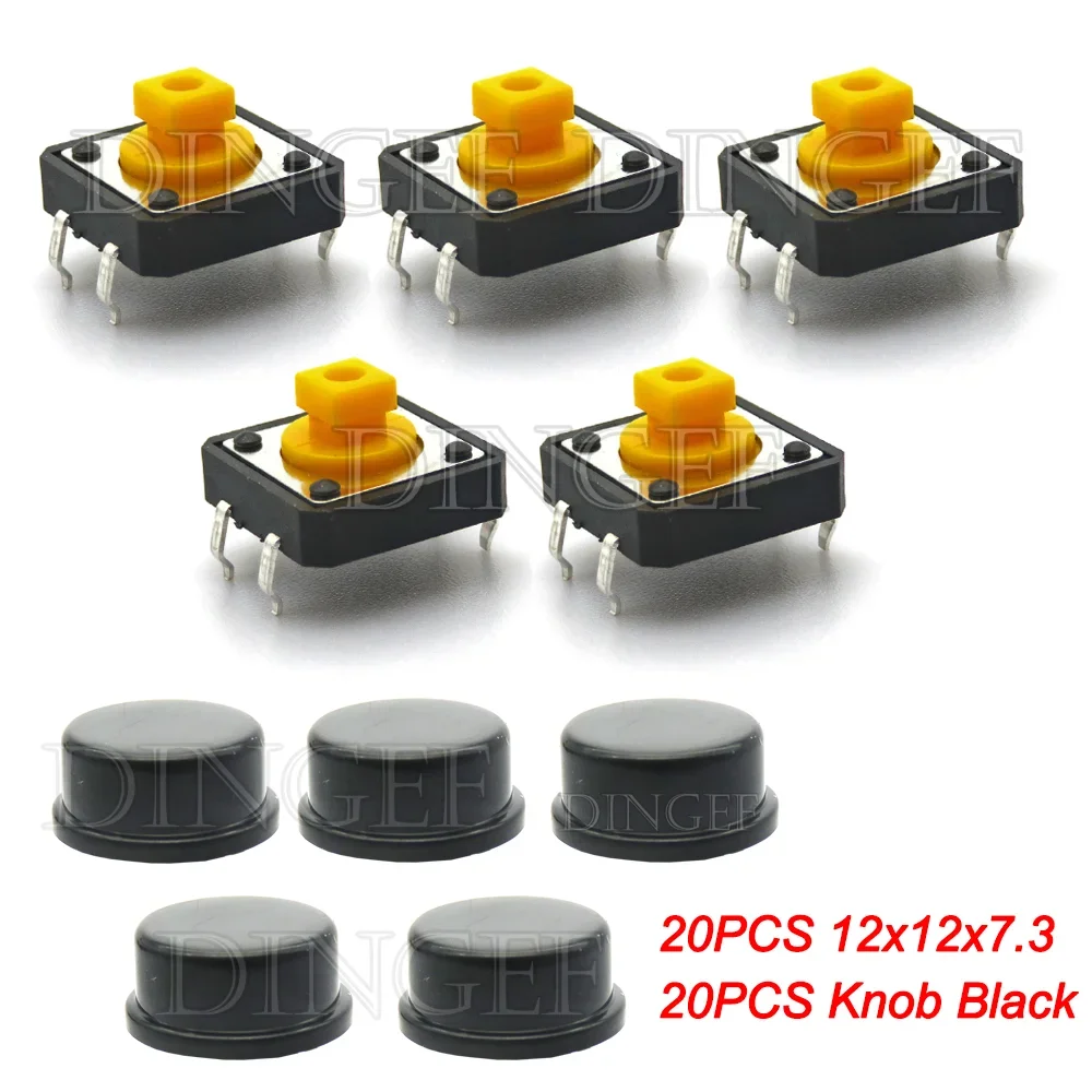 

20 шт Тактильный кнопочный переключатель мгновенного действия 12*12*7.3 мини-выключатель Кнопка с ручкой желтый зеленый красный комплект 12x12x7,3