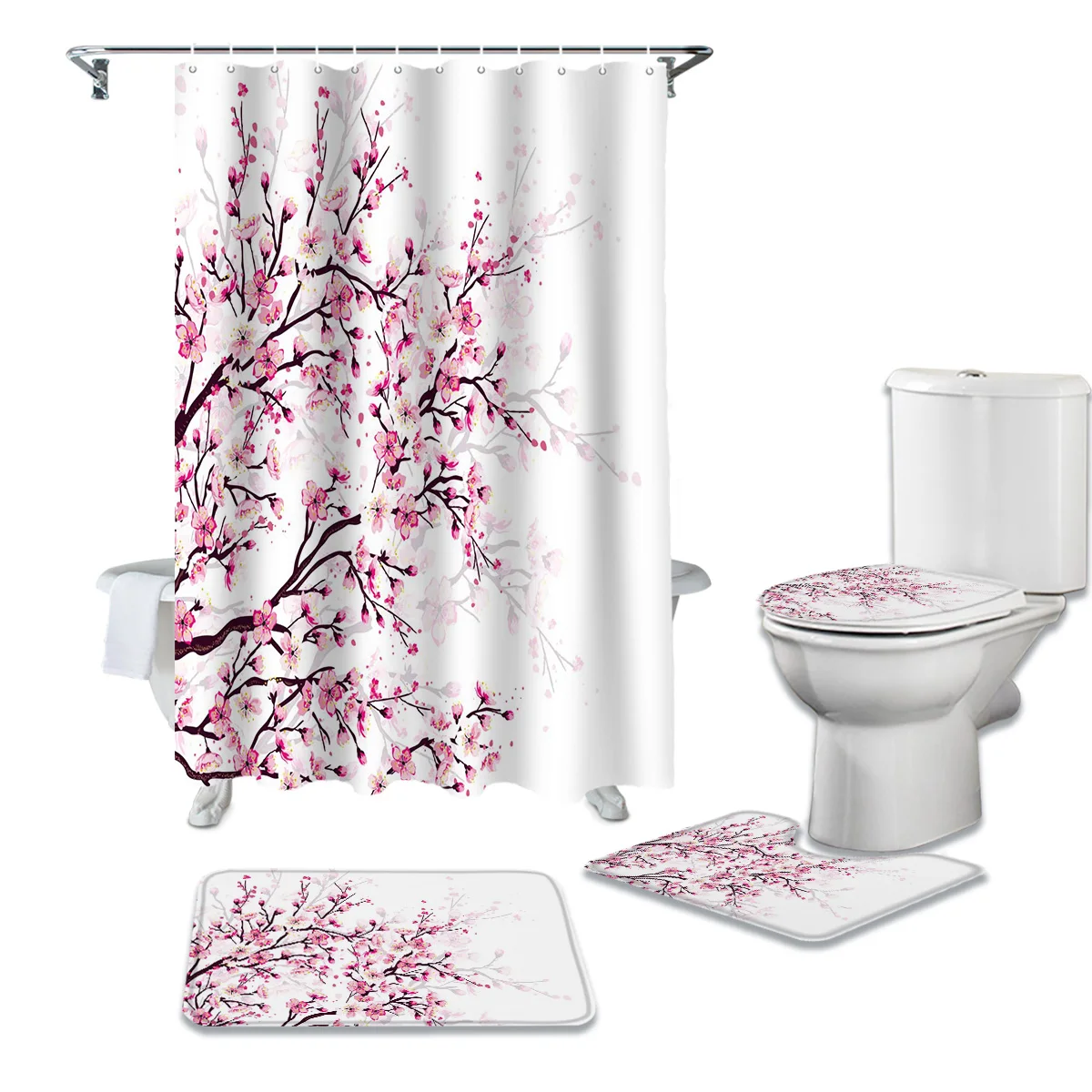 

Шторка для душа с веткой цветущей вишни, Противоскользящий коврик для ванной, водонепроницаемая фотошторка в розовом и белом цветах сливы