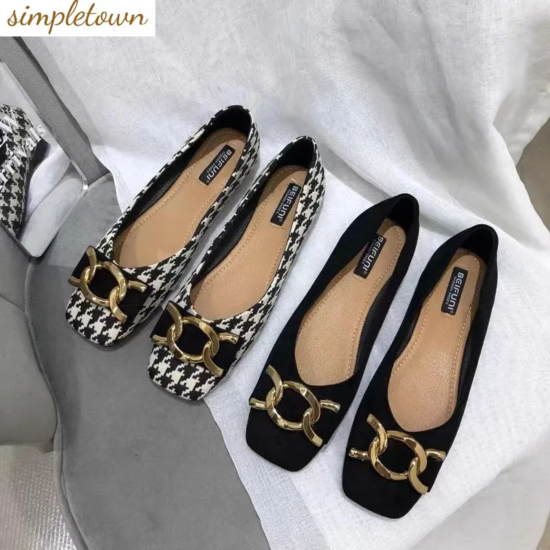 

2023 New Spring and Autumn Korean Edition Small Fragrant Women's Shoes Black and White Checkered Shoes Square Toe Flat Shoes
