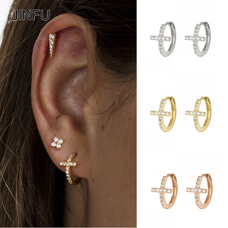 

JINFU Cubic Zirconia Hoop Earrings For Women Luxury Gold Plated Circle Cross Women Stud Earrings Engagement Wedding Jewelry